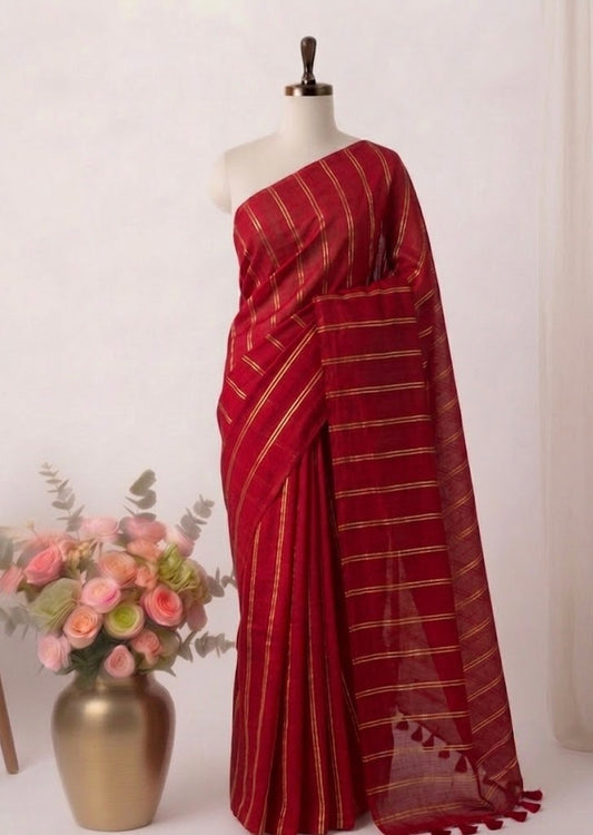 Pure Handloom Red Mul Cotton 120 Count Saree with Gold Zari Stripes