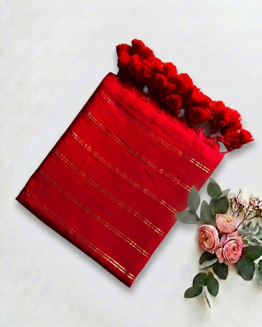 Pure Handloom Red Mul Cotton 120 Count Saree with Gold Zari Stripes